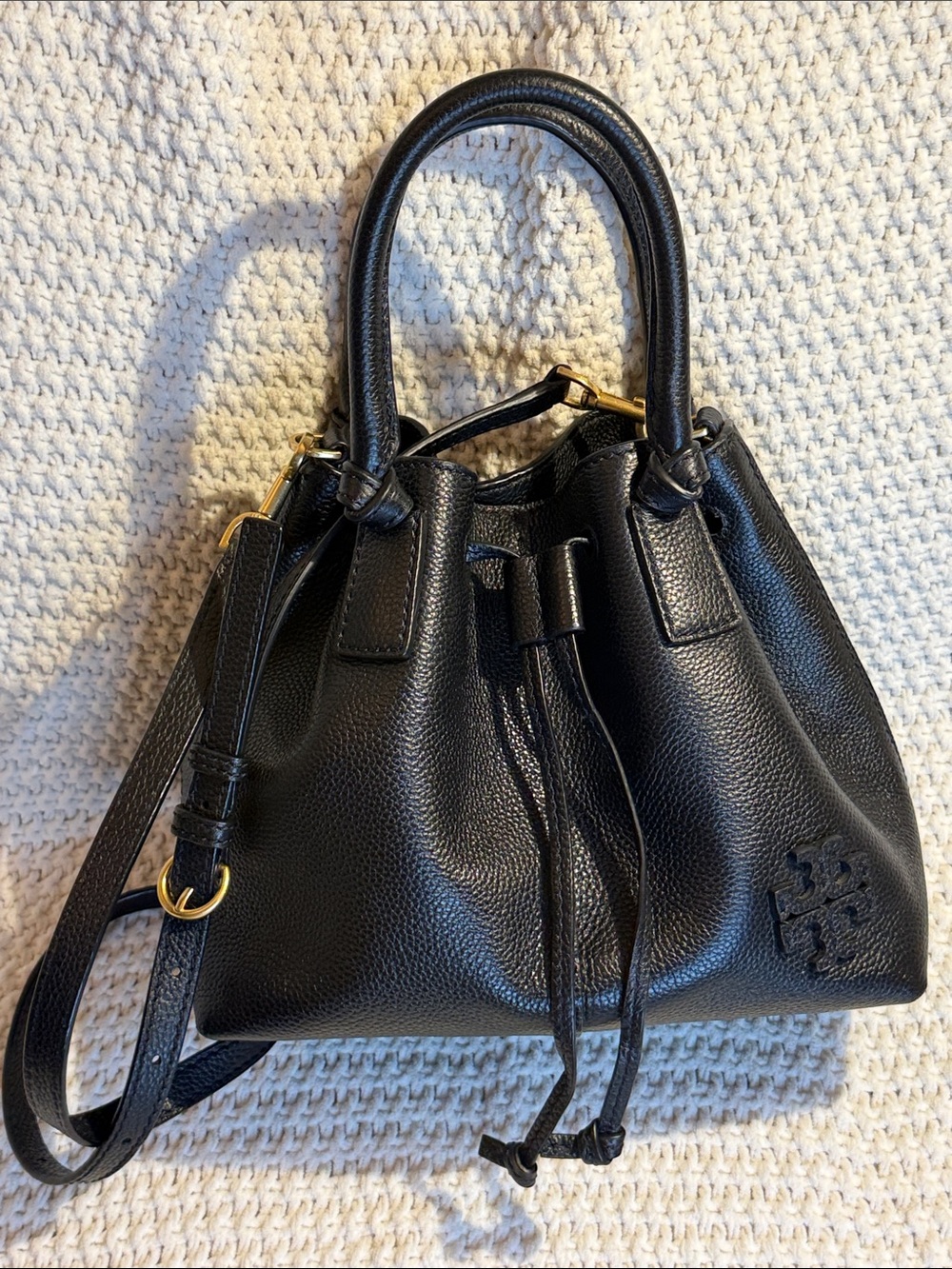 Tory Burch Black Pebbled Leather Drawstring Tote with Gold Hardware